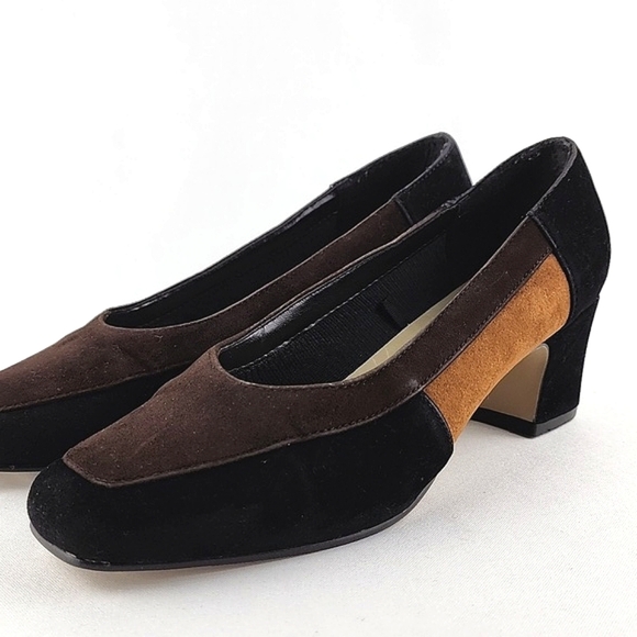 Tender Tootsies Pilar-2 Colourblock Heeled Pump Black Tan Brown Size 6W - Picture 4 of 14
